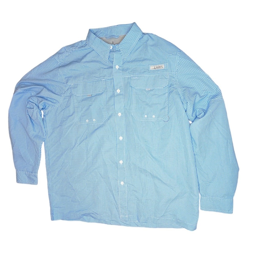Habit Fishing Shirt Mens XL Blue Bahama Blue Check Gingham Vented UPF 40+ TS1538